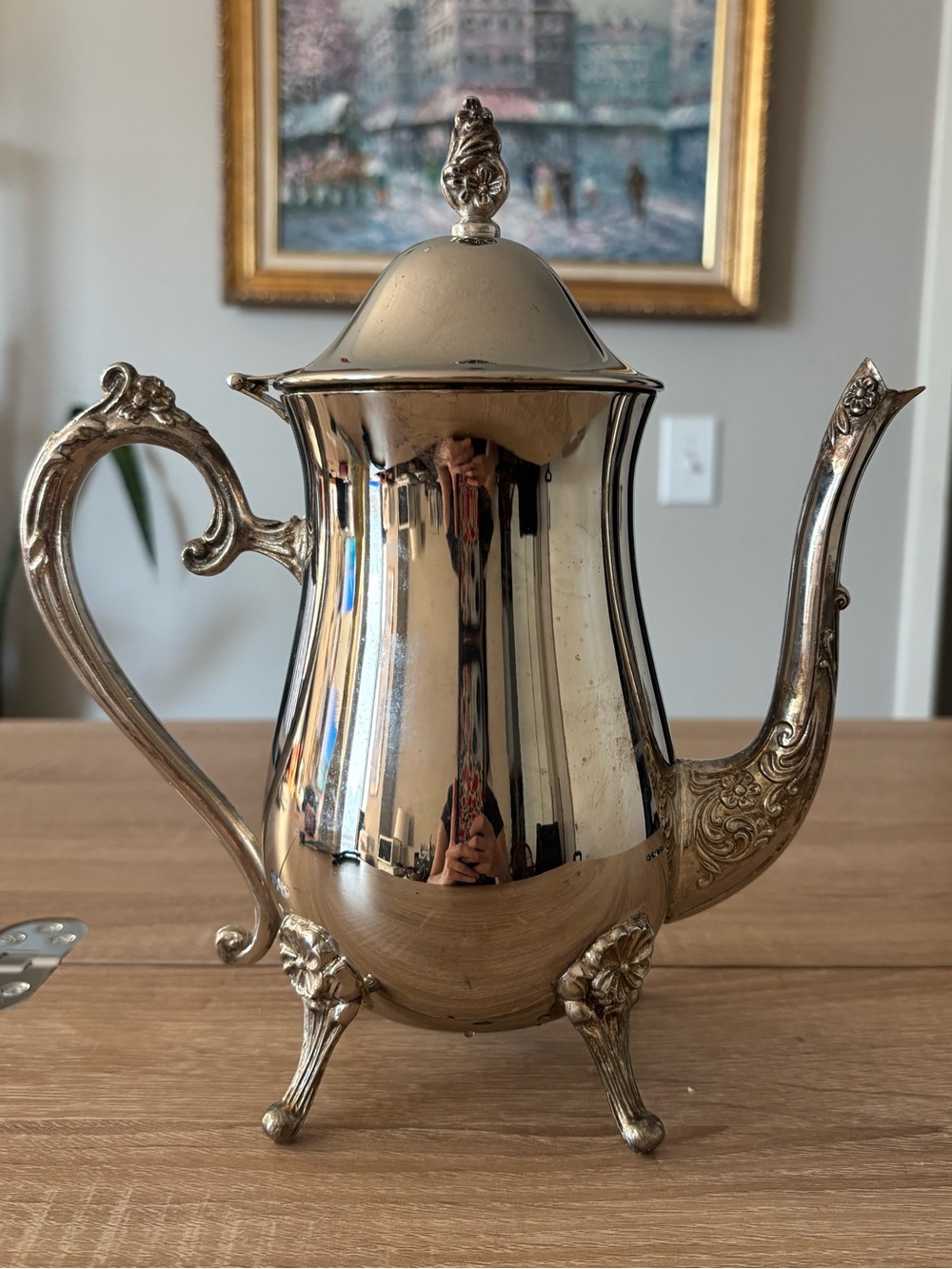 Vintage Silver Polished Coffee / Tea Pot - Ornate Floral Footed Victorian Style